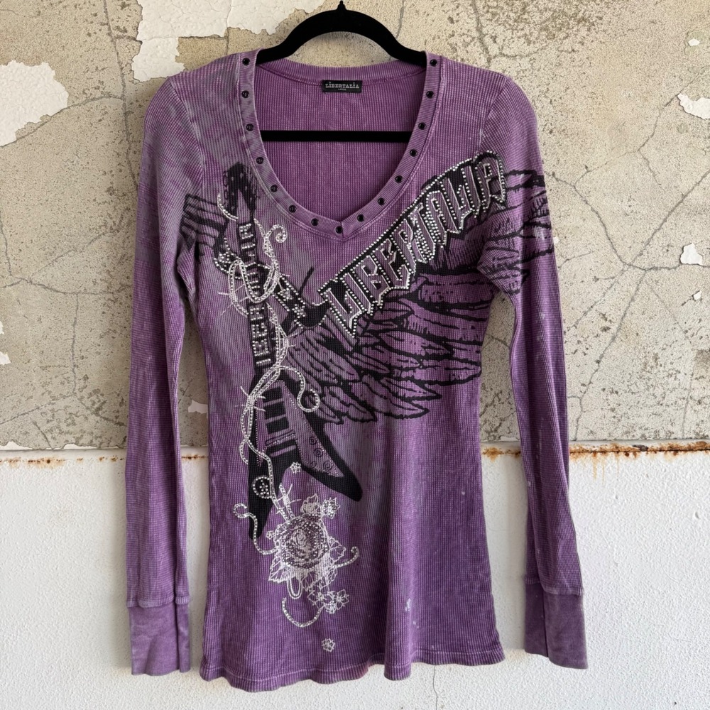 Y2K Libertalia Thermal Shirt Long Sleeve Guitar Wing Rhinestone Grommet Grunge L
